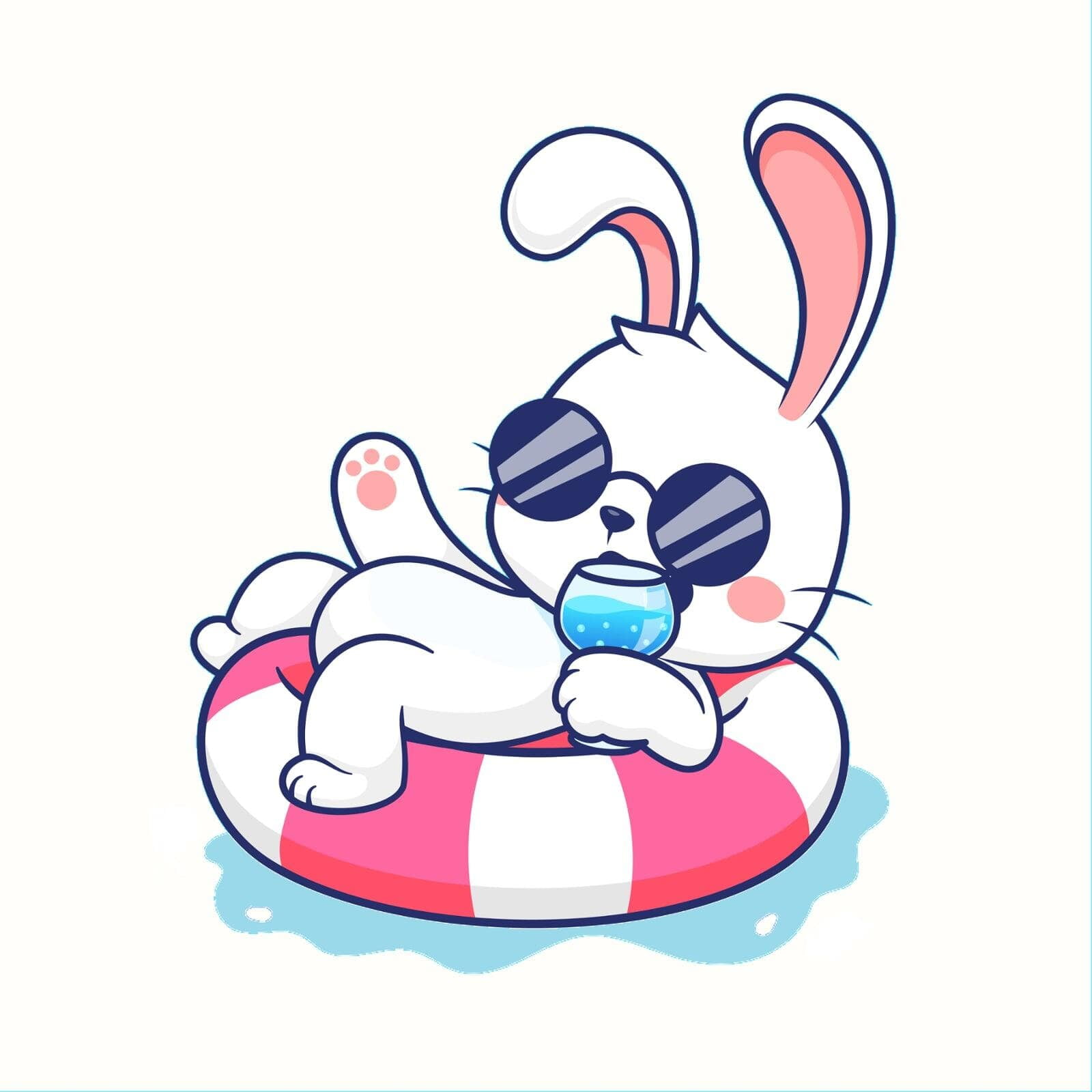 Dessin de lapin dans une piscine, buvant de l'eau dans une bouée et avec des lunettes de soleil