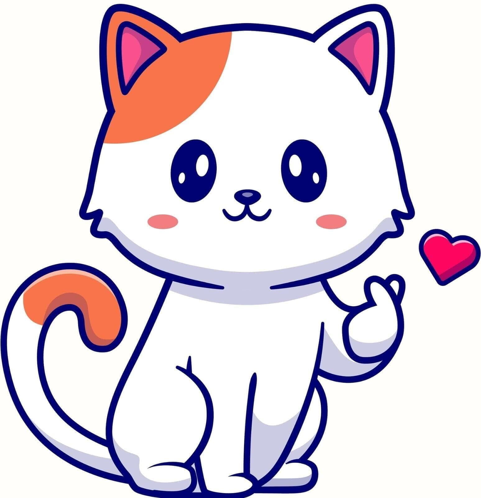 Dessin de chat roux et blanc faisant un coeur avec sa patte