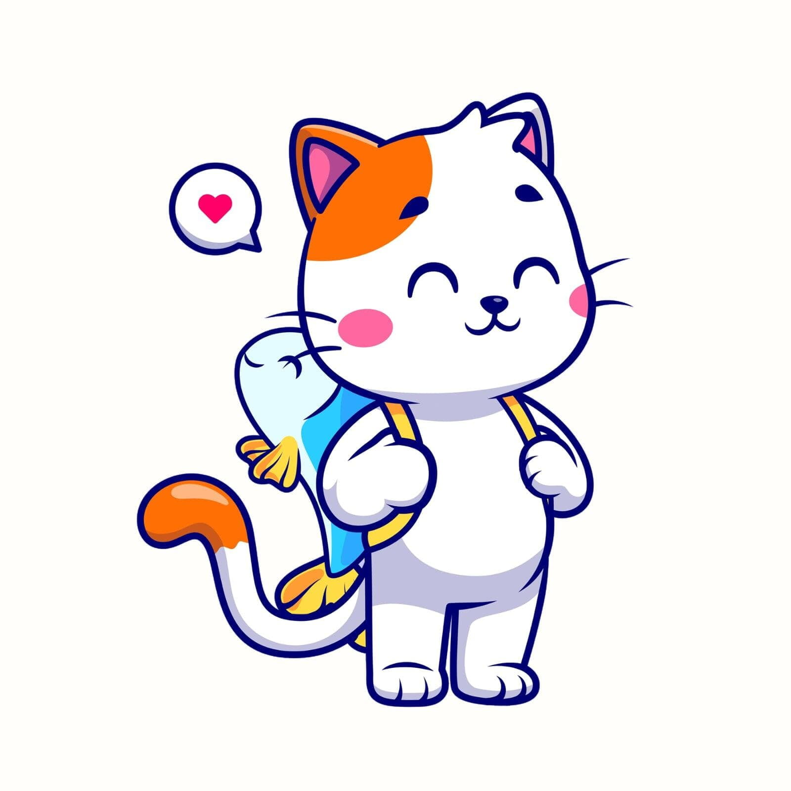Dessin d'un chat roux et blanc, il porte un sac à dos en forme de poisson et semble prêt à partir en voyage