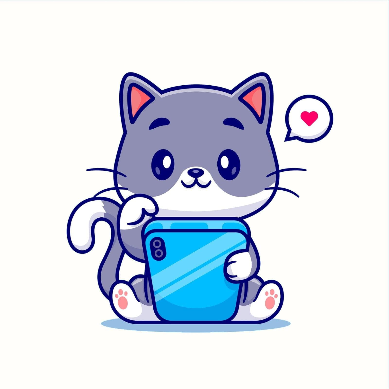 dessin de chat tapotant sur un téléphone, il a un cœur au dessus de la tête